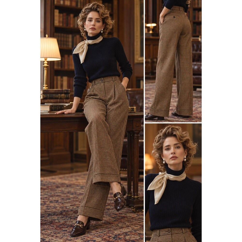 100% Woolmark Pure Wool Houndstooth Trousers High Rise Pleated Brown 31” Waist